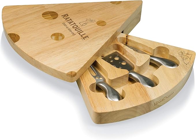 PICNIC TIME Disney Ratatouille Swiss Cheese Board and Knife Set, Wedge Shaped Charcuterie Serving Board with Hidden Tools and Laser Engraved Artwork, (Natural Wood)