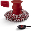 Cuisinel Cast Iron Chainmail Scrubber + Pan Scraper - Deluxe Ergonomic Stainless/Silicone Pot and Skillet Cleaner - Food-Safe Design - Easy to Clean Dishwasher Safe Cookware - Kitchen Sponge Accessory