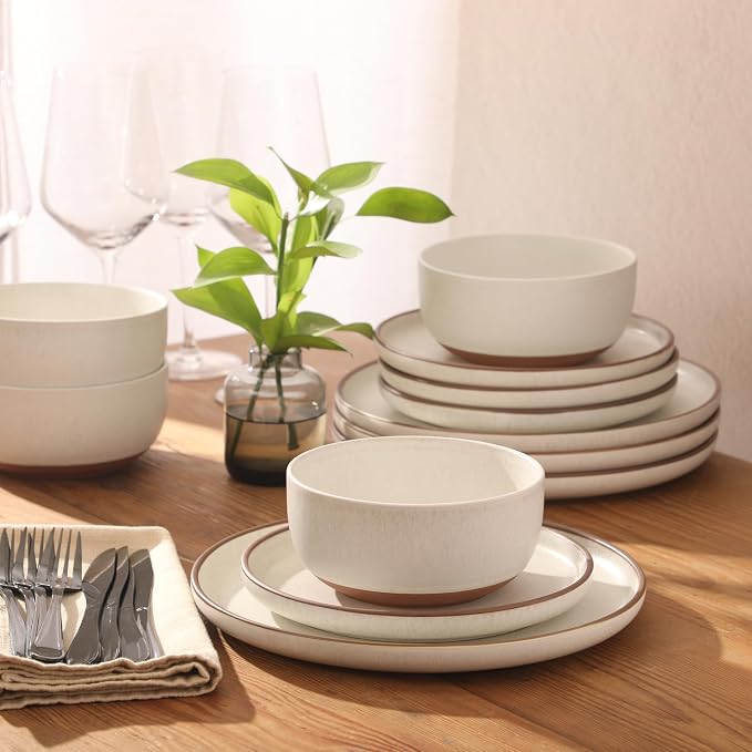 Gibson Elite Abbey Circle 12 Piece (Service for 4) Plates and Bowls Reactive Matte Glaze Dishes Stoneware Ceramic Dinnerware Set - White