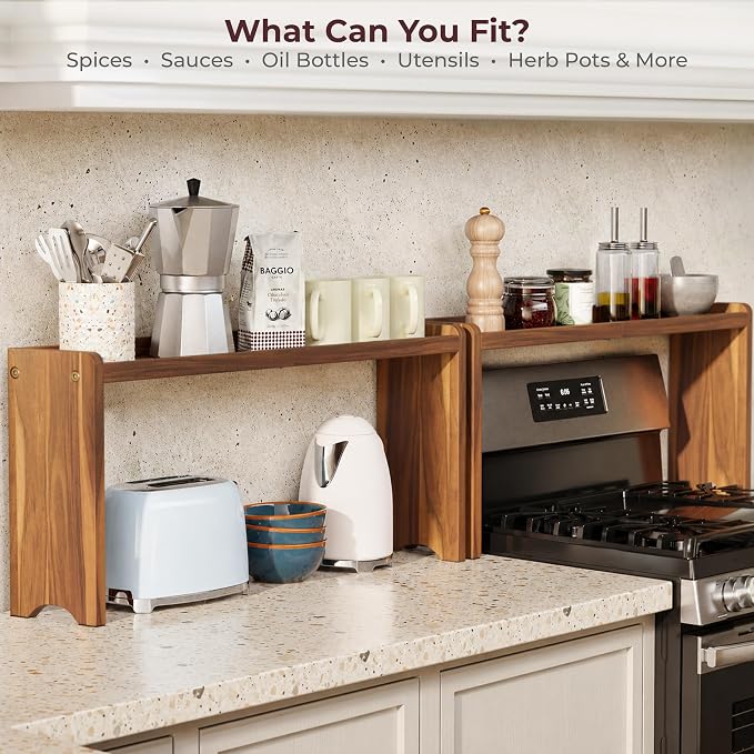 BLUEWEST Wood Over The Stove Spice Shelf for Kitchen Storage, 31.5" Solid Acacia Wood Stove Top Spice Rack Organizer, 12.2" Height, Water-Resistant, No Drilling, Easy to Assemble Kitchen Storage