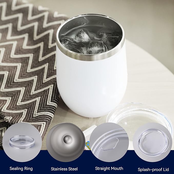 DOMICARE Stainless Steel Wine Tumbler Bulk with Lid, Personalized White Insulated Tumblers Set, 12oz Travel Coffee Cups Pack of 4