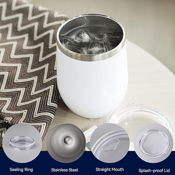 DOMICARE Stainless Steel Wine Tumbler Bulk with Lid, Personalized White Insulated Tumblers Set, 12oz Travel Coffee Cups Pack of 8