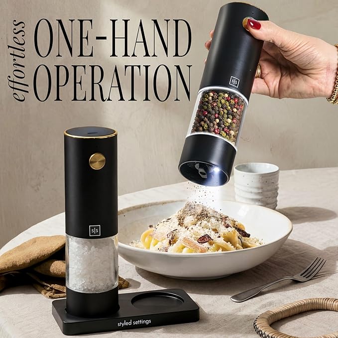 Electric Salt and Pepper Grinder Set Rechargeable – Black and Gold Salt and Pepper Shakers with USB-C Charging, Adjustable Grind, LED Light, One Touch Control, Stainless Steel Body