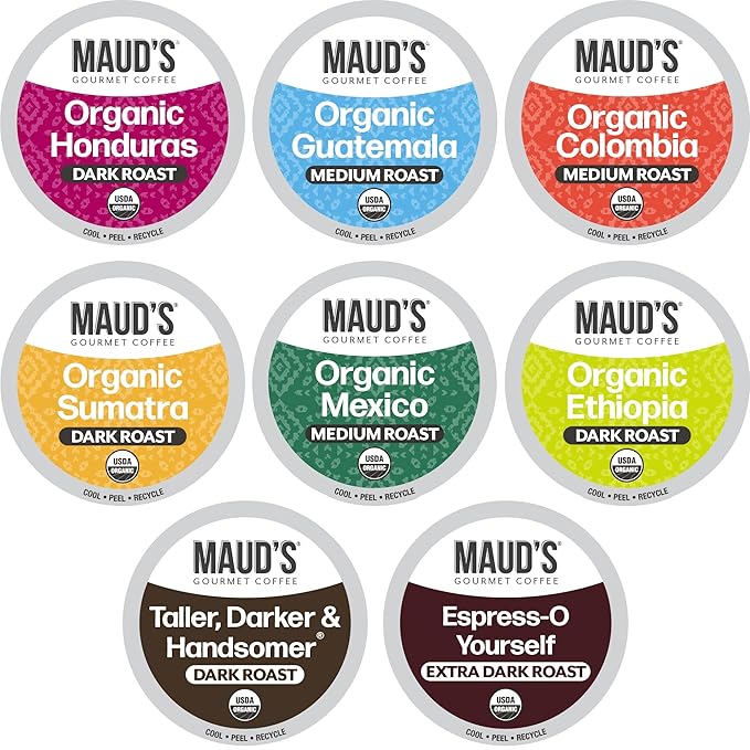 Maud's Organic Coffee Pods Variety Pack, 56 ct, 8 Assorted Flavors, Single Serve Pods – 100% Arabica Coffee, Compatible with Keurig K Cups Maker