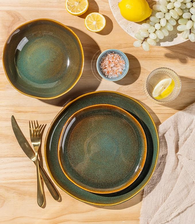 GBHOME Stoneware Dinnerware Sets for 4, 12 Pieces Rustic Earthenware Plates and Bowls Set, Handmade Reactive Glaze Ceramic Plate Sets, Chip Resistant Dishes, Microwave & Dishwasher Safe, Green Brown