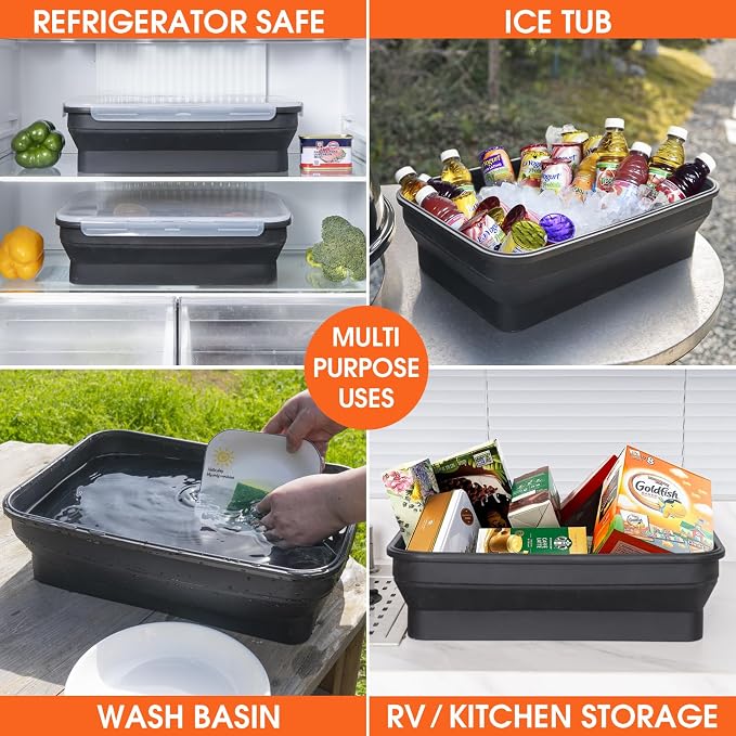 Silicone Collapsible Marinating Container with Lid for Meat, 2.64Gal/10L, Extra Large Collapsible BBQ Prep Tub, Transparent Locking Lid, XL Grill Prep Trays and Carry System, BBQ Must-Have, Black