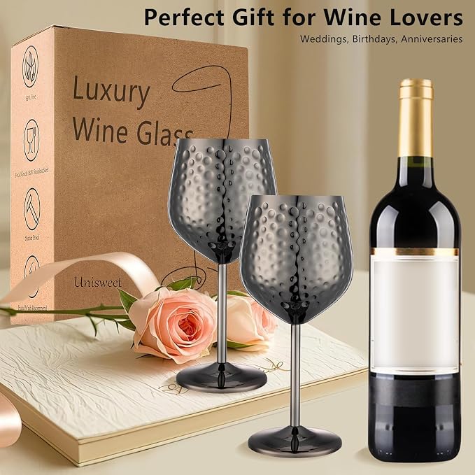 UNISWEET Stainless Steel Wine Glasses Set of 4 Unbreakable (Black) | 17 oz Large-capacity Hammered Goblets, Lightweight & Reusable, Good for Outdoor, Camping, Pool Travel, Gift for Wine Lovers
