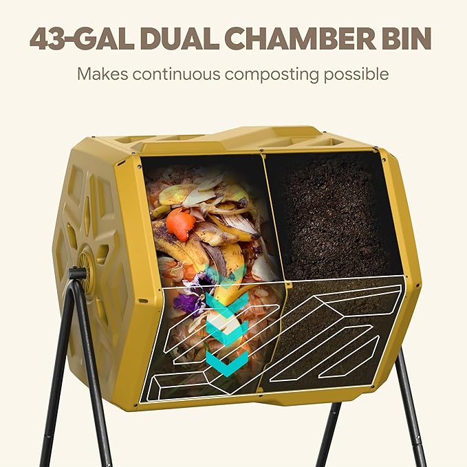 Werph Updated 43 Gallon Dual-Chamber Compost Bin, Fast Assembly Outdoor Compost Tumbler, Rotating Batch Composter Bin with Gloves for Garden, Kitchen, and Yard