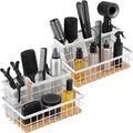 AceOrbit 2 Pcs Hair Tool Organizer Countertop Breathable Metal & Bamboo Hot Tools Organizer Under Sink Bathroom Hair Dryer Holder Countertop Brush Comb Holder,Makeup Tray (Natural Bamboo,White)