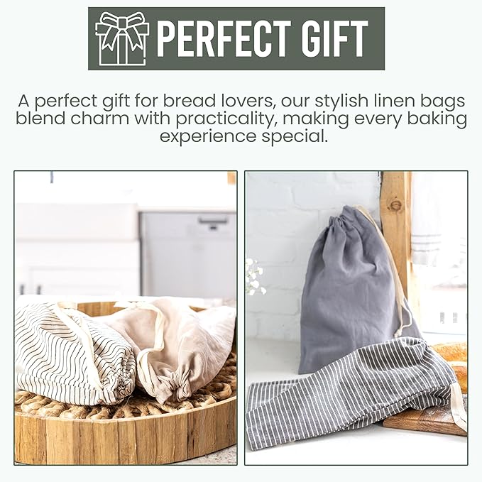 Ark & Aron Reusable Bread Bags - Pack of 2 Beeswax Bread Bags for Sourdough | Linen Bread Bag for Homemade Breads | Sourdough Loaf Bags | Cotton Food Storage Bag for Breads(Olive Leaf/Almond Branch)