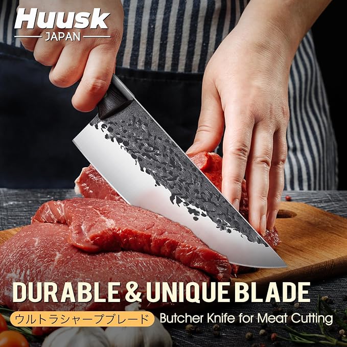 Huusk Butcher Knife for Meat Cutting, Hand Forged Meat Cleaver Knife, Outdoor Cooking Knives for Men, Gifts for Men