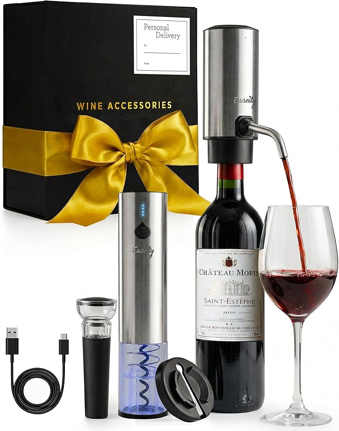 Electric Wine Opener Gift Set — Rechargeable All-in-One Wine Accessories Kit with Automatic Bottle Opener, Foil Cutter, Vacuum Stopper, Aerator & Dispenser — Best Wine Lover Gifts for Women & Men