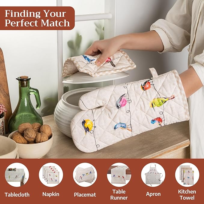 Maison d'Hermine Oven Gloves 100% Cotton Oven Mitt 7" x 13" with Loop Heat Resistant, BBQ, Cooking Gloves, Baking, Grilling, Kitchen, Handling Hot Pans Spring/Summer (Pack of 1, Birdies On Wire)
