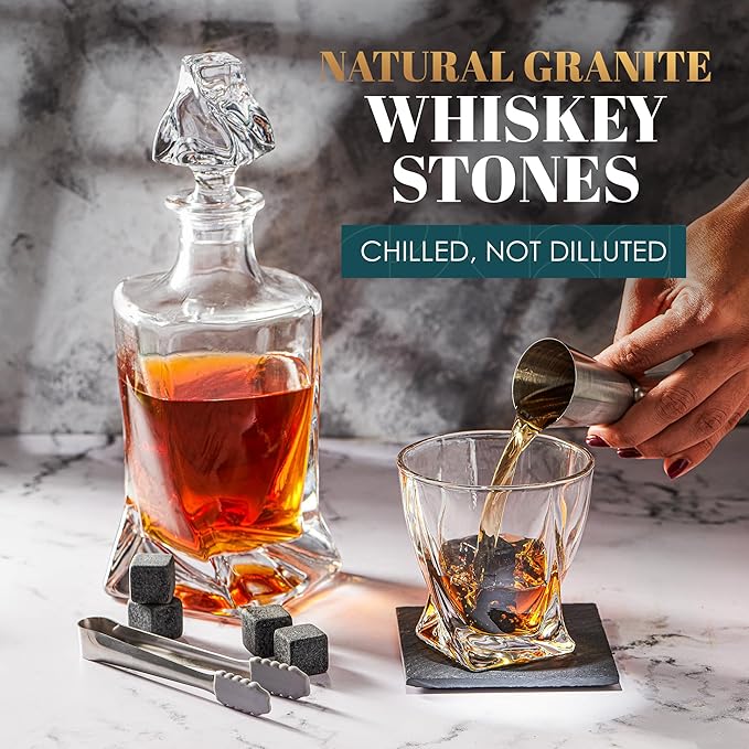 Whiskey Decanter Set by Royal Reserve – Whiskey Gifts Set - Twisted Bourbon Decanter 24 oz with Glasses, Whiskey Stones, Coasters, Tongs – Birthday Gift for Men, Husband, Him, Dad, Boyfriend