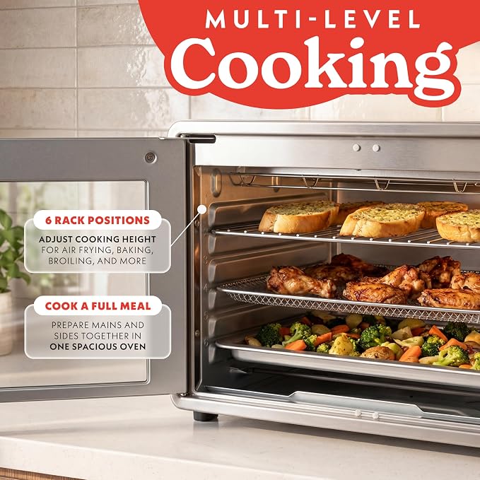 Gourmia French Door Air Fryer Oven - 37 Qt Large Capacity Convection Toaster Oven, FryForce 360°, Digital Display, 12 Cooking Presets, Dehydrate, Fits 13” Pizza, Dishwasher-Safe, White
