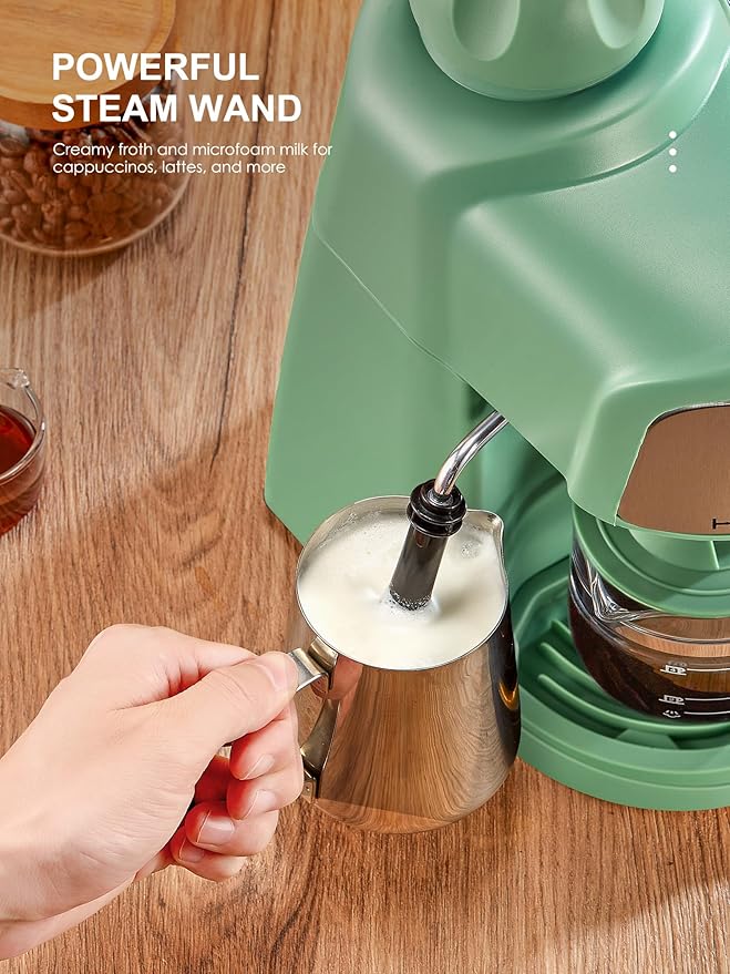 Ihomekee Espresso Machine, 3.5Bar Espresso and Cappuccino Machine with Preheating Function, 4 Cup Coffee Maker with Milk Frothing Function and Steam Wand (Green), CM6810