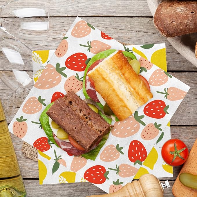 Whaline 240Pcs Fruit Wax Paper Summer Lemon Pineapple Strawberry Deli Wrap 11.8 Inch Colorful Blueberry Kiwi Sandwich Waterproof Greaseproof Picnic Liners for Party Kitchen Supplies
