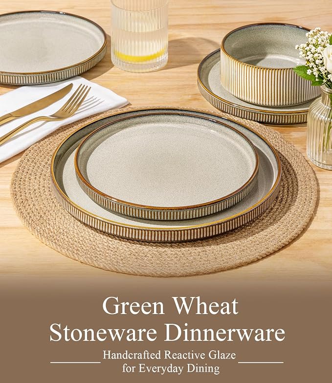 GBHOME 12-Piece Stoneware Dinnerware Set for 4 – Ribbed Ceramic Plates and Bowls, Scratch-Resistant, Microwave & Dishwasher Safe, Reactive Glaze, Reactive Glaze Green Wheat