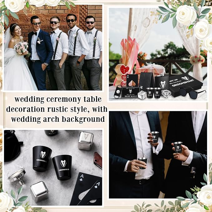 Mimorou 88 Pcs Groomsmen Proposal Gifts - Shot Glasses, Stainless Steel Ice, Flask, Funnel, Gift Boxes, Sunglasses, Knives, Bottle Opener, Cards, Wallets for Wedding Groomsmen Present Set (Retro)