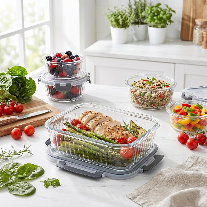 Glass Food Storage Containers with Lids, 12 Piece Glass Meal Prep Containers Set, Airtight Leakproof Snap Lock Lids, BPA-Free, Freezer Microwave Oven Dishwasher Safe, Ribbed Glass Containers