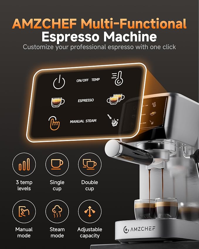 AMZCHEF Compact Espresso Machine, 20Bar Home Barista Coffee Maker with 1350W Fast Heating, 3-Level Temperature Control, 360° Adjustable Steam Wand, HD Touch Screen, Small Footprint for Kitchen