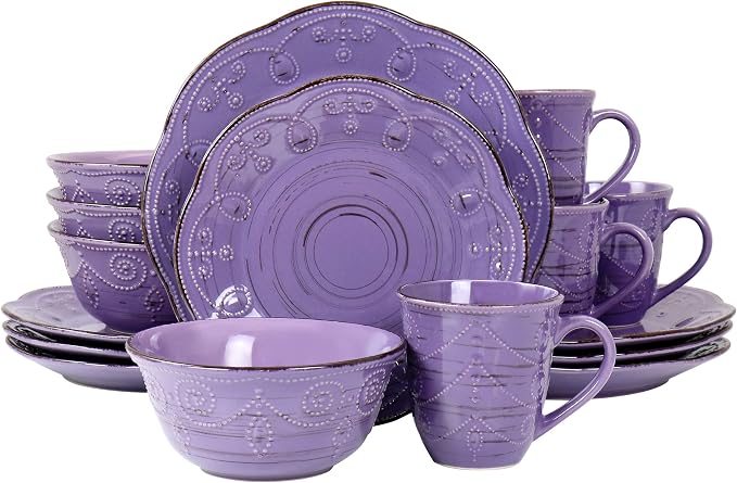 Elama Rustic Birch 16 Piece Stoneware Dinnerware Set in Purple, Purple with Brown Accents, (EL-RUSTICBIRCH)