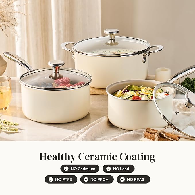 Redchef Stock Pot Set with Lid 5Qt, Ceramic Saucepan Set 2.5/3.5Qt, Induction Cooking Pot Set, Nonstick Cookware Set For Stoves, Even Heat, Stay-Cool Handle, Oven/Dishwasher Safe, PFAS Free (Beige)
