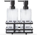 Square Glass Clear Lotion and Soap Pump Dispenser Set with Metal Stand Caddy for Bathroom Bath Kitchen Home Office Travel Hotel Hand Crafted Heavy Weight Oil Rubbed Bronze