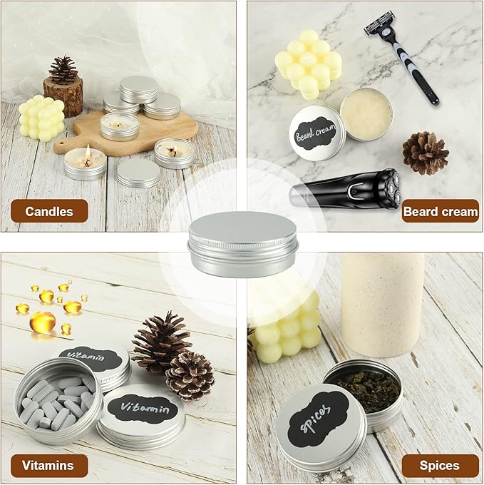 OBKJJ 96 Pack Round Cans with Screw Lid 2 Oz Aluminum Metal Tins DIY Food Candle Containers for Lotion Bars, Balms, Salve, Spices, Beard Balm, Crafts with 4 Markers 3 Sheets Label Stickers (Silver)
