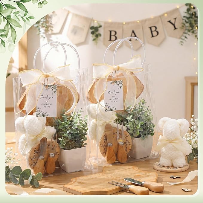 Honeydak 49 Pcs Baby Shower Prizes for Game Players 6 Sets Babysuit Shaped Bamboo Cheese Board Fork Knives Coasters Towel Potted Plant Thanks Card Gift Bag for Baby Bridal Shower Wedding Favors