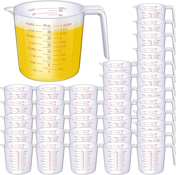 Kanayu 36 Pcs Plastic Measuring Cup Clear Measuring Mug with Spout and Handle Grip Capacity Clear Graduated Pitcher for Kitchen Flour Water Liquids (Red,32 oz, 4 Cups)