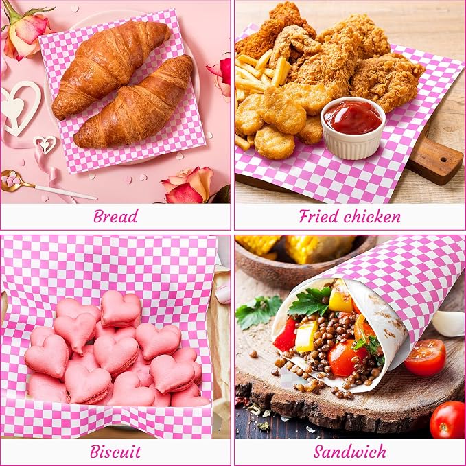 Spakon 1000 Sheets Wax Deli Paper Sheets for Food 12 x 12 Inch Checkered Dry Waxed Deli Basket Liners for Sandwich Wrapping, Food Basket Liners, Picnic party(Hot Pink-white)