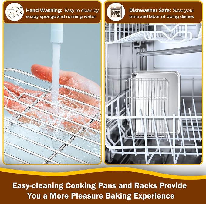 P&P CHEF 10.4 Inch Baking Sheet Pan with Rack Set, Stainless Steel Cookie Sheet Pan Tray with Cooling Rack for Oven Use, Cooking Roasting, Non Toxic & Dishwasher Safe, Heavy Duty