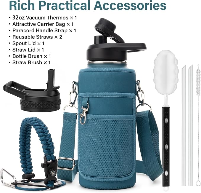 DYSANKY Insulated Water Bottle | Thickened Stainless Steel Vacuum Metal | Portable Sports Water Jug for Gym and Hiking with Straw, Carrier Bag, Handle Strap | BPA-Free 32 oz