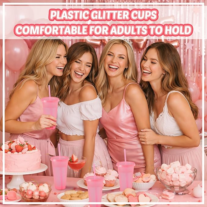 Honeydak 15 Pack Tumbler with Straw and Lid Bulk Cups for Gifts Glitter Plastic Coffee Cups 24-27 oz Reusable Water Bottle Iced Coffee Travel Mug Party Favors for Birthdays Travel (Light Pink)