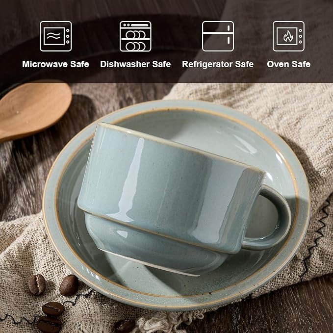 JIEMEI HOME Porcelain Stackable Espresso Cups with Saucers and Metal Stand, 4 Ounce Demitasse Cups for Latte, Cafe Mocha, Tea - Set of 6, Reactive Glaze, Wild Sage Earth Speckle