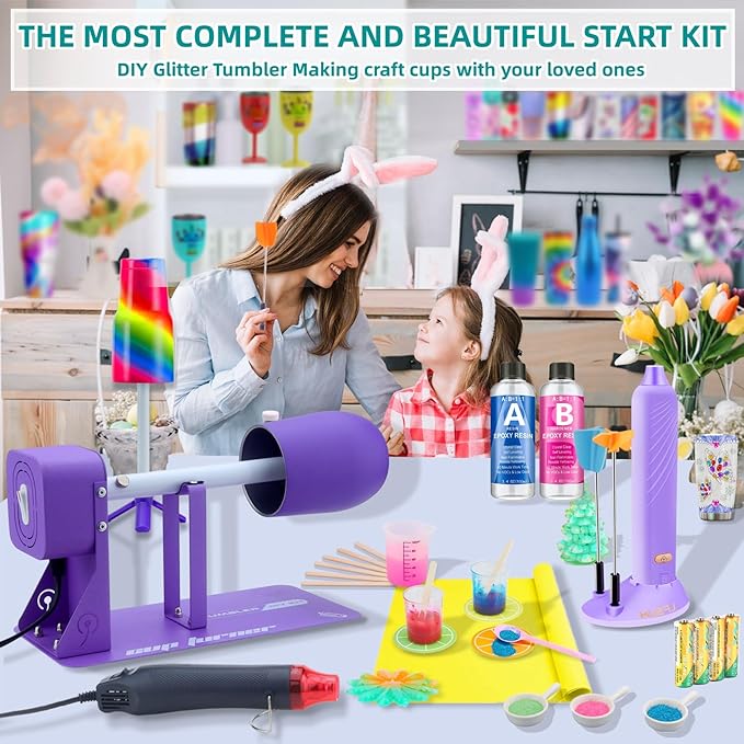 LFSUM Cup Turner for Crafts Tumbler Cup Spinner Machine Kit, Wood Cuptisserie Turner DIY Glitter Epoxy Tumblers with Silent UL Motor Safety Switch 3 in 1 Foams Accessories