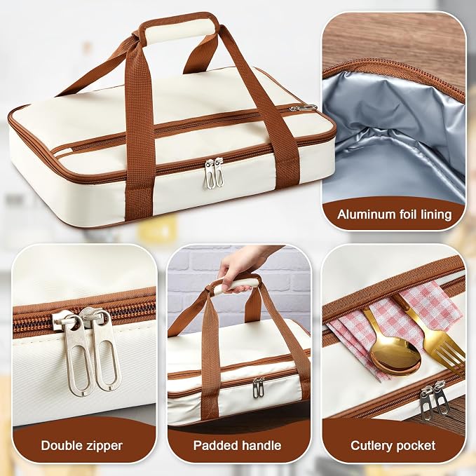FoldTier Glass Baking Dish with Lid Glass Casserole with Carrier 9 x 13 Inch Insulated Bag for Hot Cold Food Deep Casserole Dish for Oven Potluck Party Picnic Cookouts (Beige)