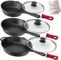 Cuisinel Cast Iron Skillet Set - 6"+8"+10"-Inch + Glass Lids + Silicone Handle Holder Covers - Pre-Seasoned Frying Pan - Oven Safe Cookware - Indoor/Outdoor, Grill, BBQ, Fire, Stovetop, Induction Safe