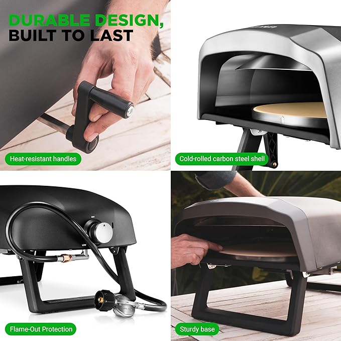 Nutrichef Outdoor Pizza Oven | Cook 12" Pizza in 60 Seconds | Manual 360° Rotating Pizza Stone | Adjustable Heat | Includes Pizza Peel, Pizza Cutter, Stone, Cover, & Hose | Long Handle