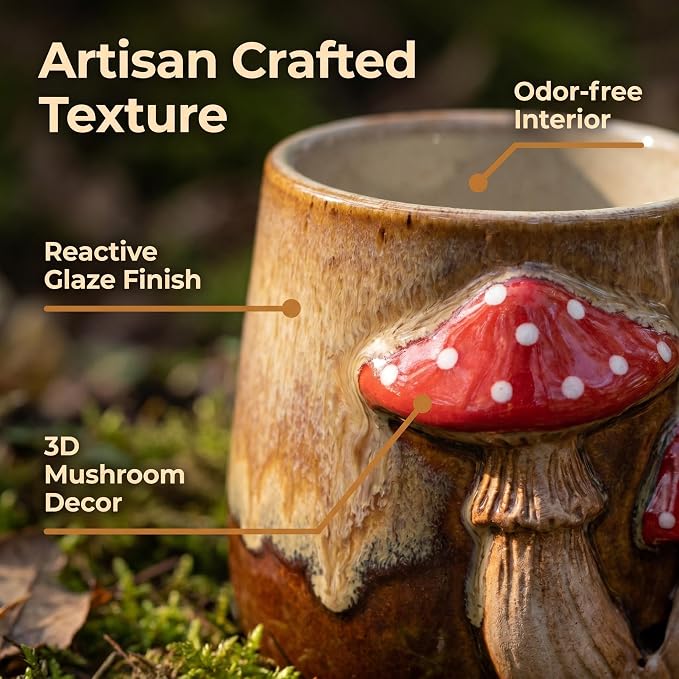 dgudgu Mushroom Espresso Cups Set of 4-5Oz Ceramic Demitasse Mugs with 3D Mushroom Embossed, Reactive Glaze Brown Gradient, Small Coffee Cups for Home Barista, Latte,Cappuccino
