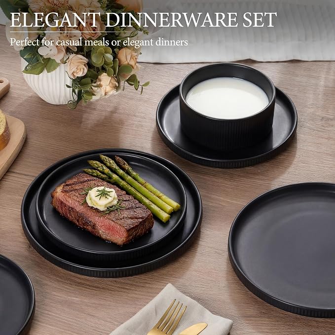 E-far Stoneware Dinnerware Sets for 6, 18-Piece Plates and Bowls Sets, Chip & Scratch Resistant Ribbed Dish Set for Home Restaurant, Microwave & Dishwasher Safe, Matte Black
