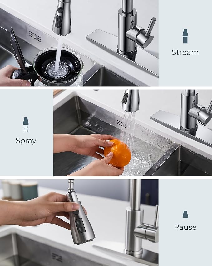 FORIOUS Kitchen Faucets with Soap Dispenser and Pull Down Sprayer, Chrome, Bar High Arc Single Handle Classic 3 Modes Stainless Steel Faucet for Kitchen Sink Farmhouse RV Laundry Camper