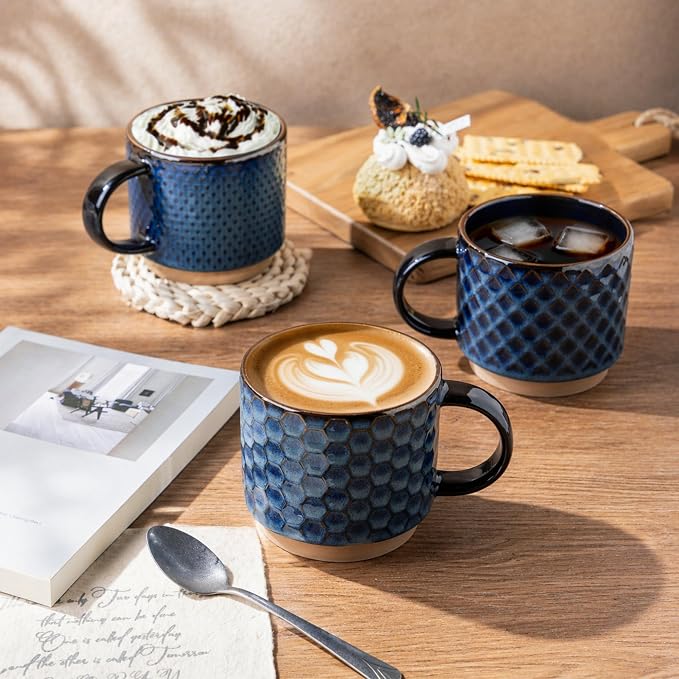 GBhome 12OZ Stackable Coffee Mugs with Stand, Ceramic Coffee Mugs with Texture Patterns for Man,Woman,Dad,Mom, Modern Coffee Cups Set of 4 for Latte/Cappuccino/Cocoa. Dishwasher&Microwave Safe