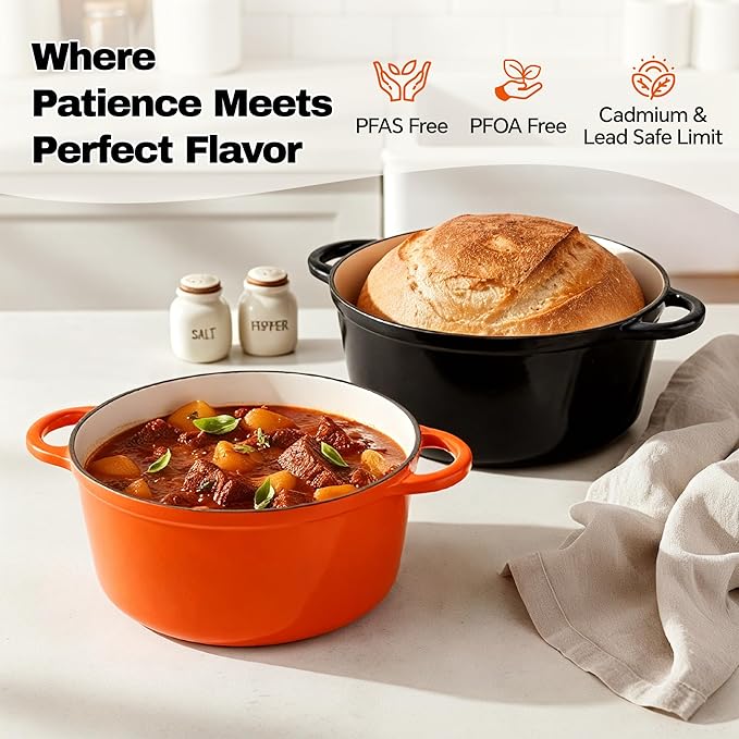 6 Quart Dutch Oven Pot with Lid, Non Stick Enameled Cast Iron Dutch Oven for Bread Baking, Heavy-Duty, Oven Safe Ceramic Cookware Up to 500°F for Baking, Braising, Stews, Roasting, Orange