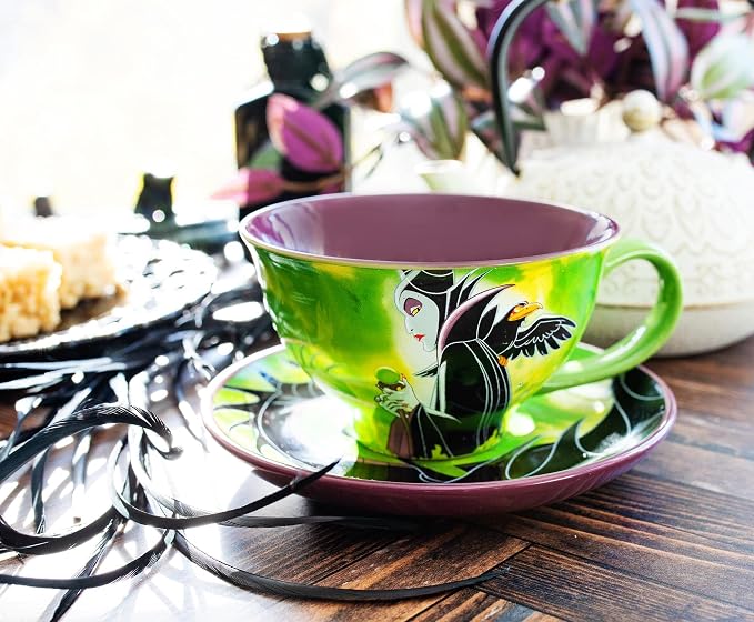 Silver Buffalo Disney Sleeping Beauty Maleficent Ceramic Teacup and Saucer Featuring Maleficent, Diablo, and Maleficent in Dragon Form, 12 Ounces