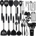 Silicone Cooking Utensils Set, NCUE 35 Pcs Kitchen Utensils Set with Holder, with Stainless Steel Handle Spatula Set, Spoons, Pasta Server, Cheese Grater, Masher, Scissors, Dishwasher Safe (Black)