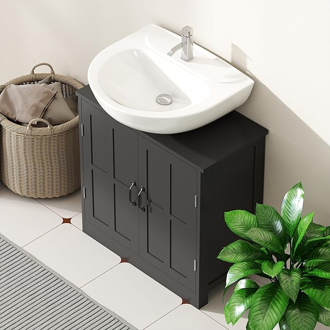 kleankin Pedestal Sink Storage Cabinet, Under Sink Cabinet with 2 Doors and Adjustable Shelf, Bathroom Vanity with U-Shape Cut-Out, Black
