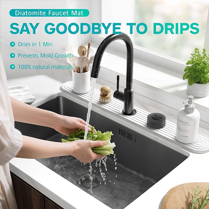 Stone Faucet Mat for Kitchen Sink – Diatomite Fast-Drying Stone Tray, Faucet Mat Sink Splash Guard, Decorative Sink Protector for Kitchen Bathroom Counter (Light Grey, 30''x3.9'')