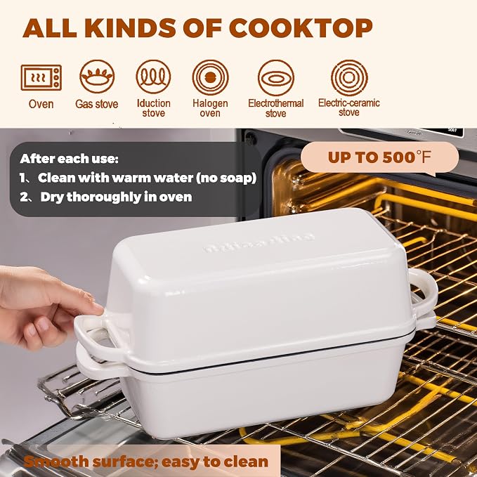 11x5 Inch Cast Iron Bread Loaf Pan With Lid, 5.8 Qt Large Loaf Pan for Sourdough Bread Baking, Heavy Duty Dutch Oven Bread Pan For a Crispy Crust, White
